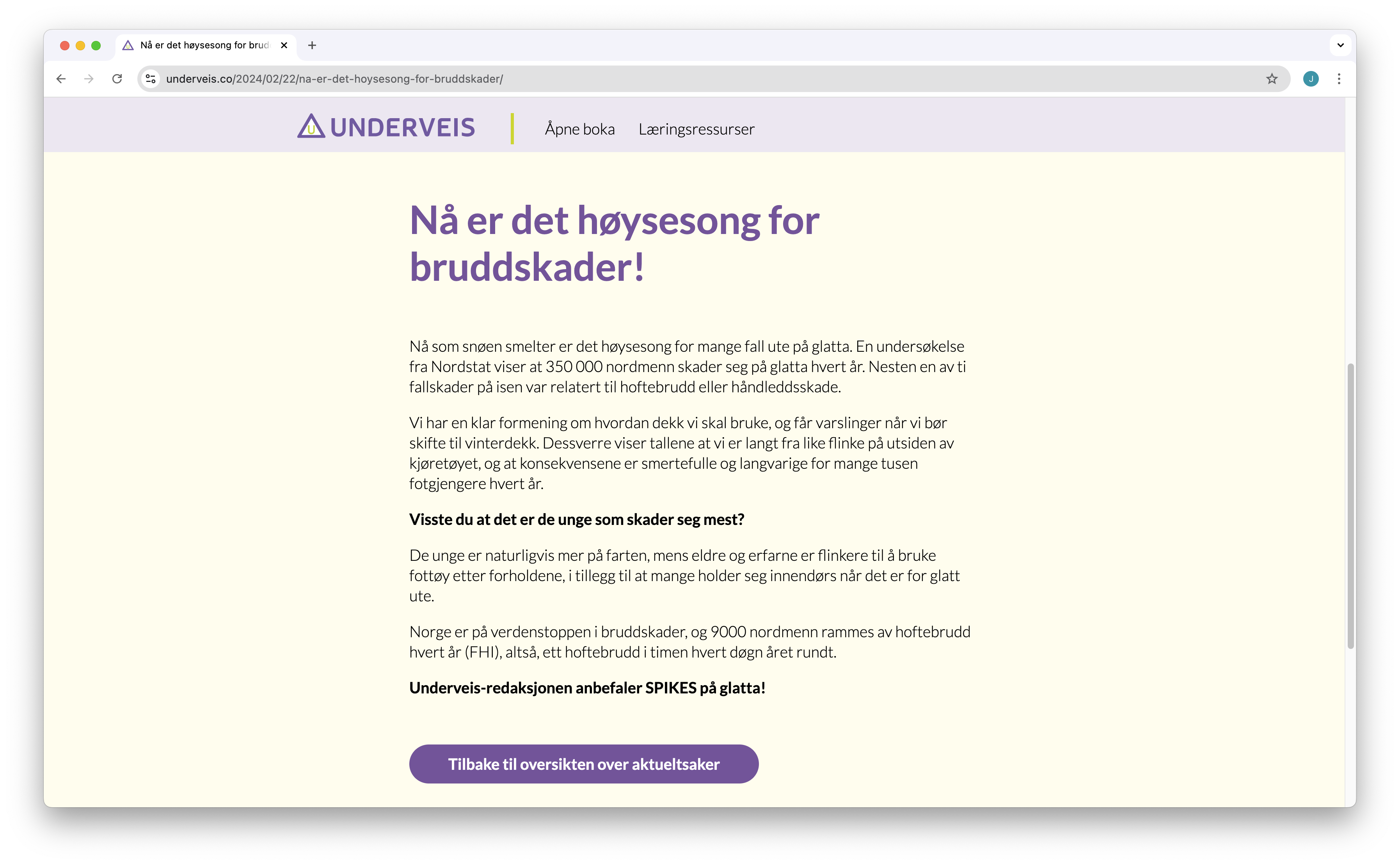 Visning av en artikkel publisert på nettsiden til Underveis